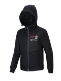 Alpinestars Youth Racer MX Fleece, Black Motocross Hoodie, full-zip jacket with adjustable hood, featuring red A-star logo and "ONE GOAL. ONE VISION." branding, zippered hand pockets, casual performance wear for youth riders