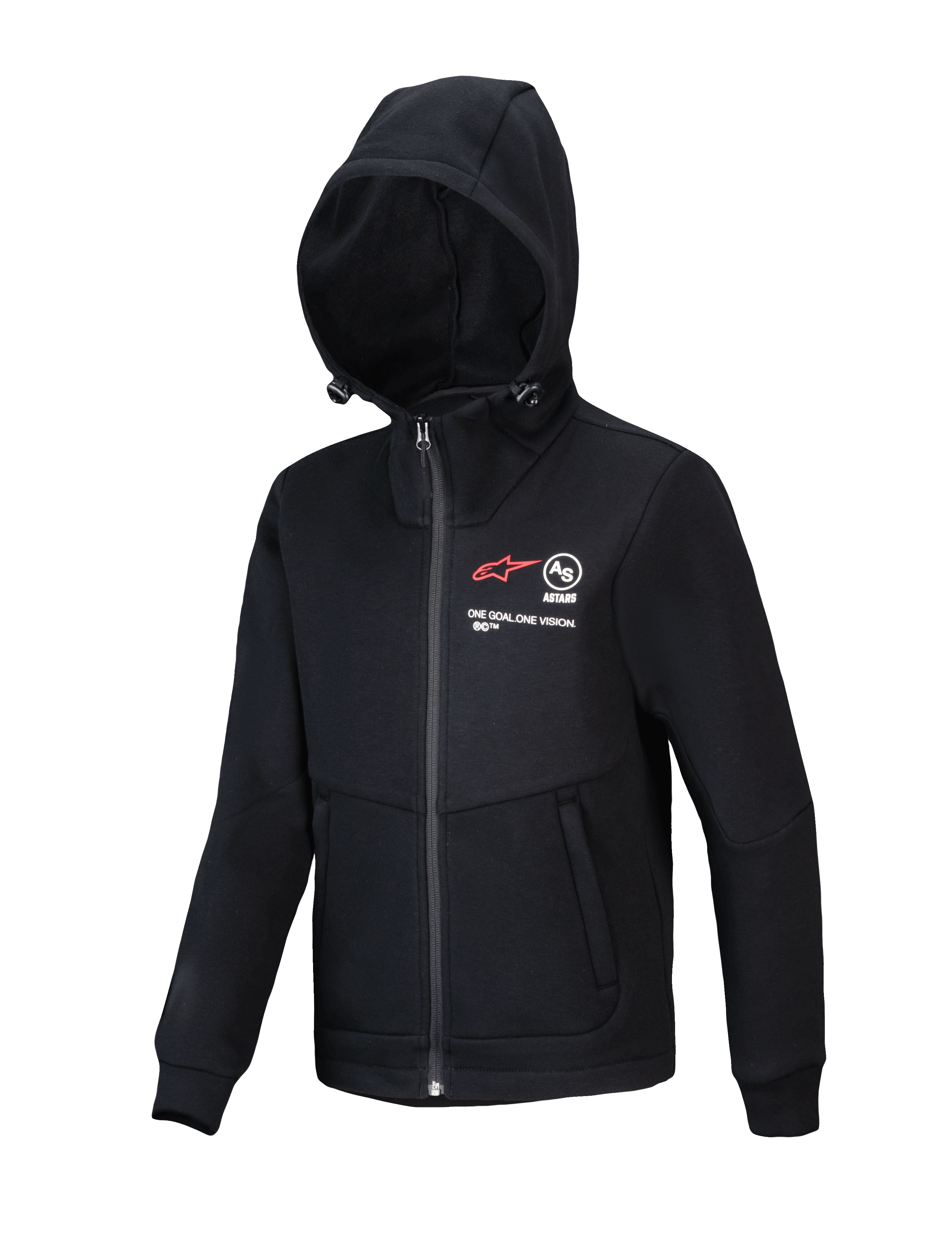 Alpinestars Youth Racer MX Fleece, Black Motocross Hoodie, full-zip jacket with adjustable hood, featuring red A-star logo and "ONE GOAL. ONE VISION." branding, zippered hand pockets, casual performance wear for youth riders