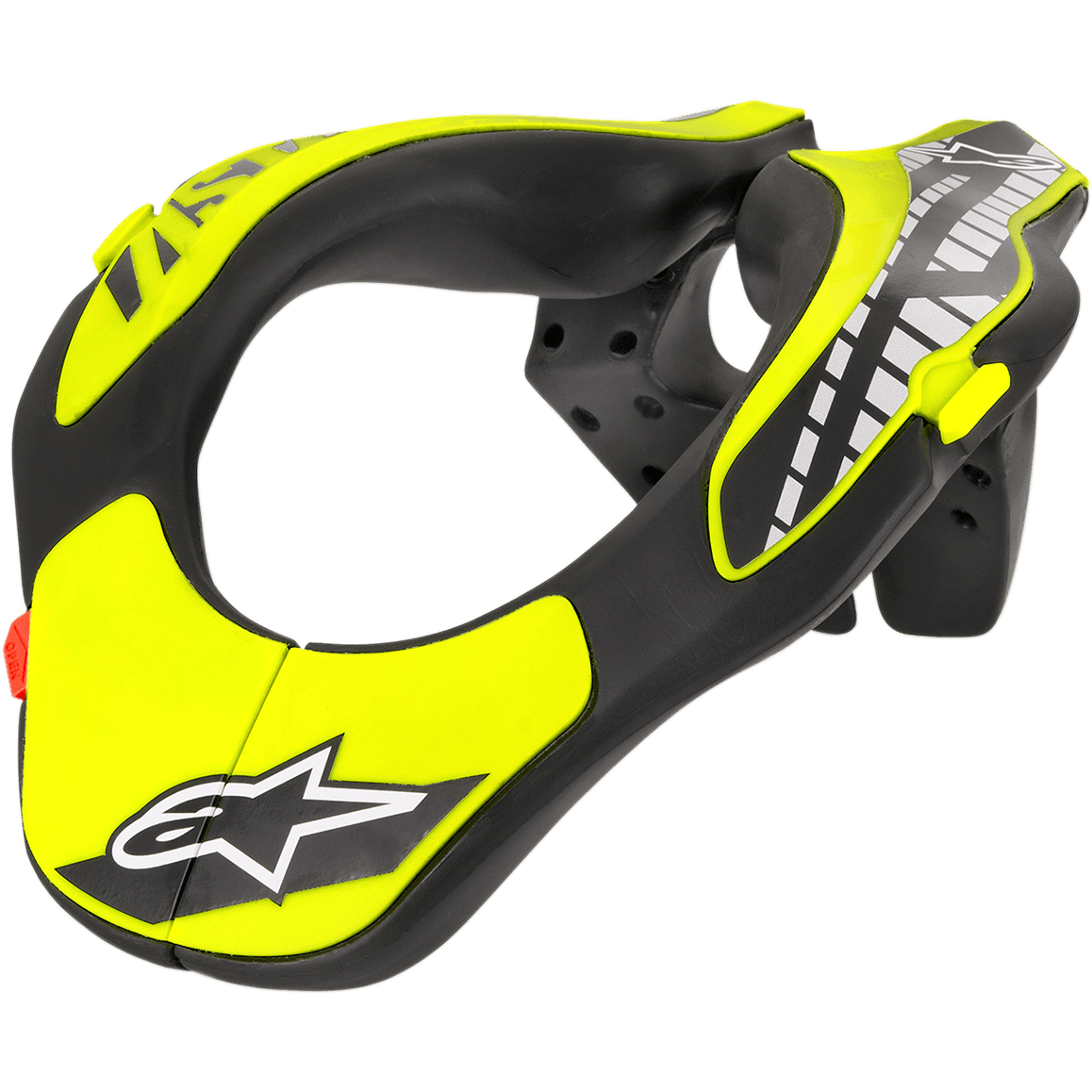 Alpinestars Youth Neck Support, Motocross Neck Brace, Black and Yellow Fluo, featuring an ergonomically profiled frame with Alpinestars star logo, lightweight construction for youth motocross and off-road protection
