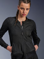 Alpinestars Stella Troop-Air Jacket, Women's Motorcycle Mesh Jacket, Black, ventilated textile construction with front zipper and 2D tech mesh, worn by model with braided hair, urban contemporary riding gear