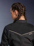 Alpinestars Stella T-Dyno Air Jacket, Women's Motorcycle Jacket, Black with Ecru accents, close-up view of the back yoke featuring extended 3D mesh for ventilation and a small embroidered Alpinestars logo.