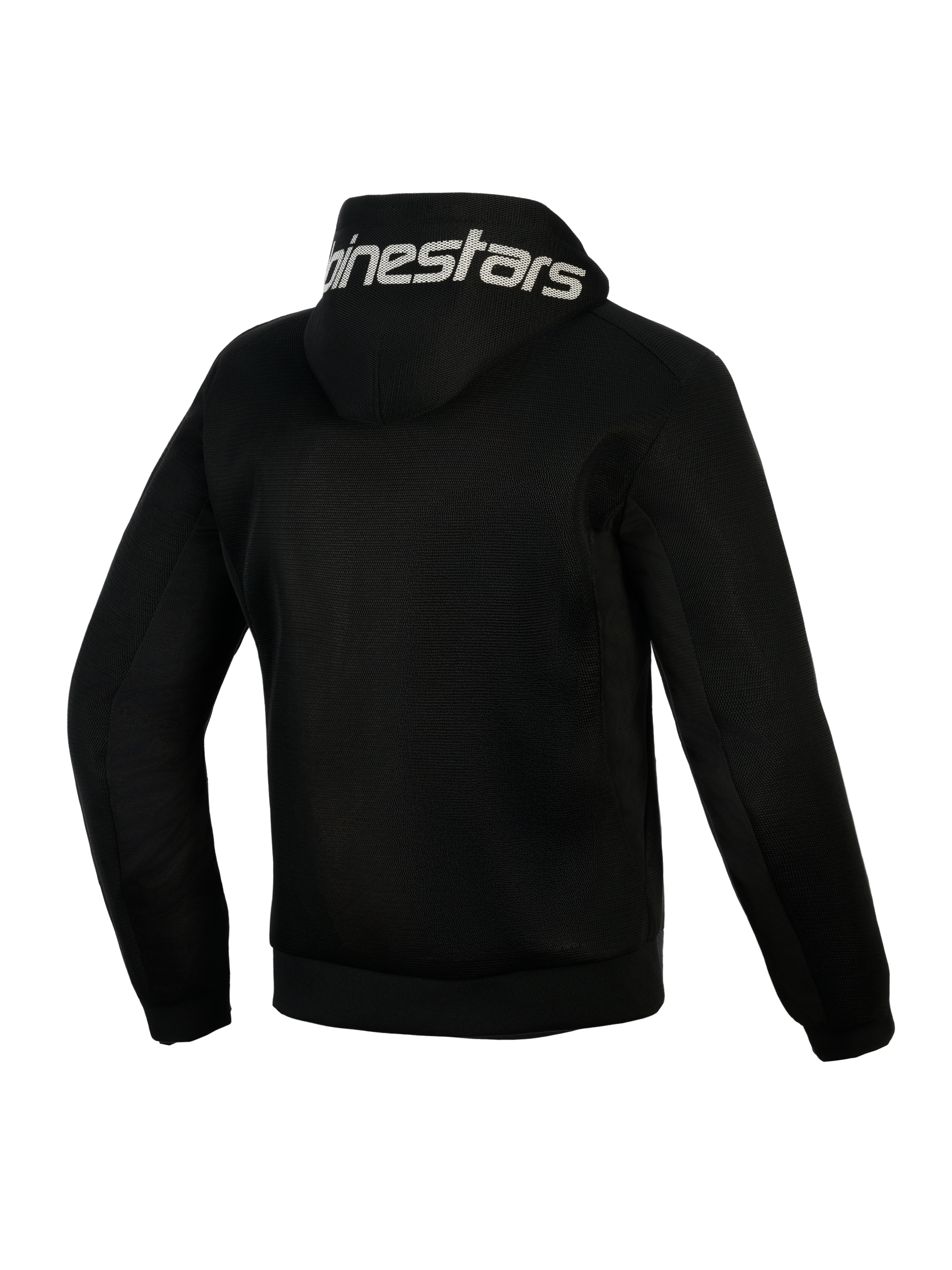 Alpinestars Chrome Superairflow Hoodie, Black, back view, featuring white Alpinestars branding on the hood, full 3D technical mesh construction for ventilation, protective motorcycle riding apparel for warm weather