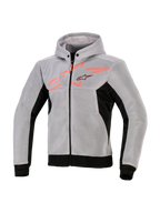 Alpinestars Chrome Superairflow Hoodie, Technical Riding Hoodie, Black Mid Gray and Red Fluo, 3D technical mesh construction, light gray with black side panels and hem, fluo red chest graphic with Alpinestars star logo, sporty motorcycle gear