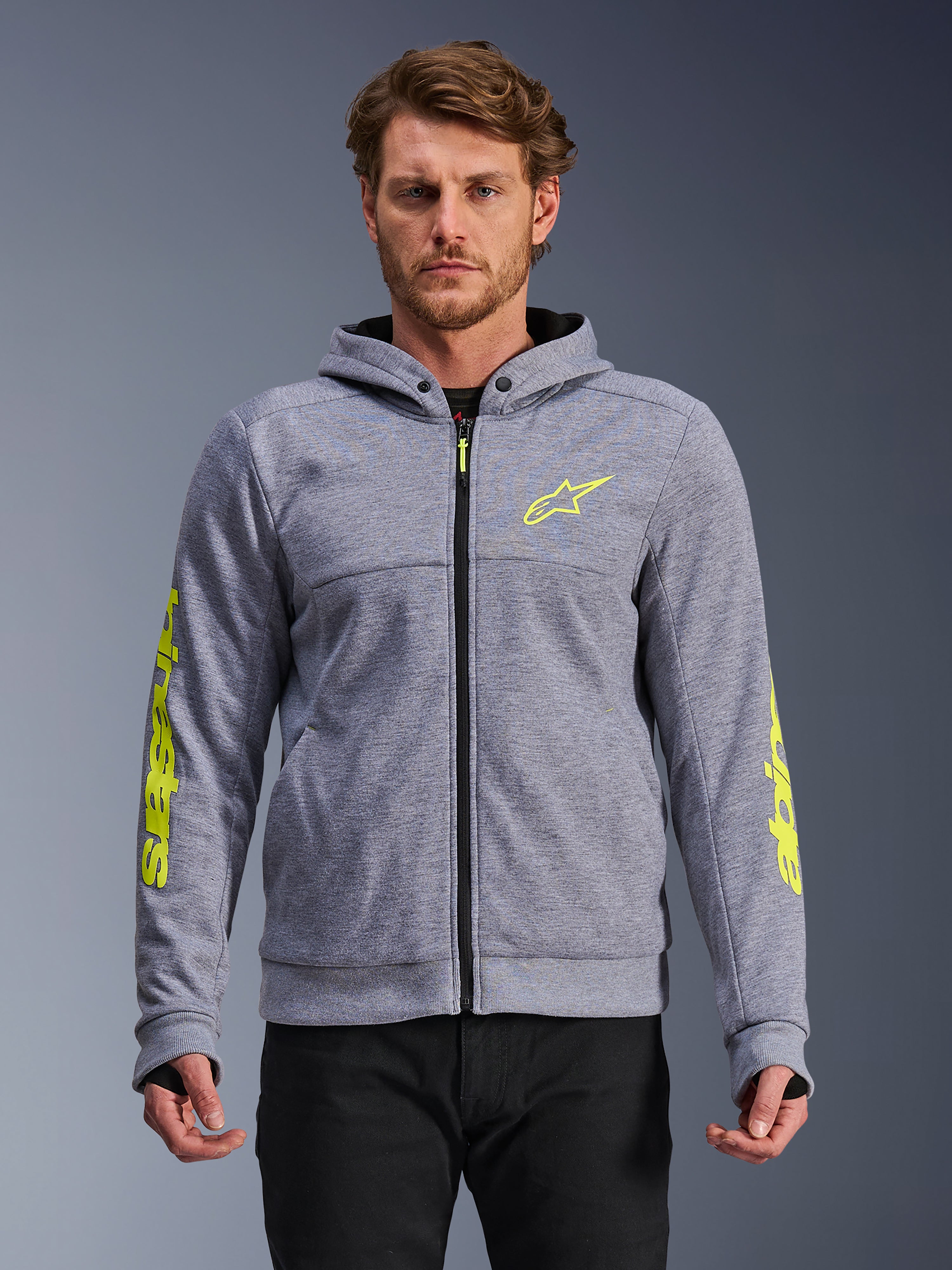 Alpinestars Chrome V2 Sport Hoodie, Gray Heather and Fluo Yellow, motorcycle zip-up hoodie featuring yellow star logo on chest and yellow sleeve branding, thumb loops and black zipper, tech fleece texture, casual urban riding gear