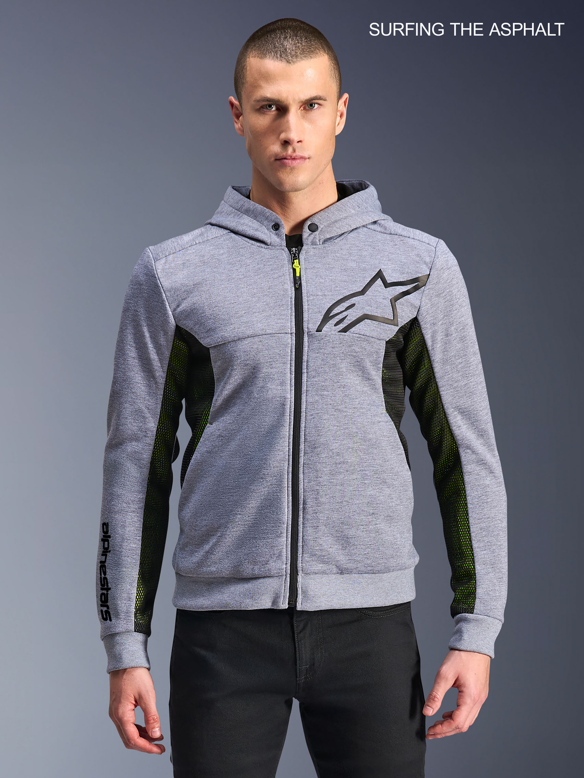 Alpinestars Chrome Air Sport Hoodie, men's urban riding motorcycle hoodie in gray heather and black, front view on a model showing airflow mesh panels and chest logo.
