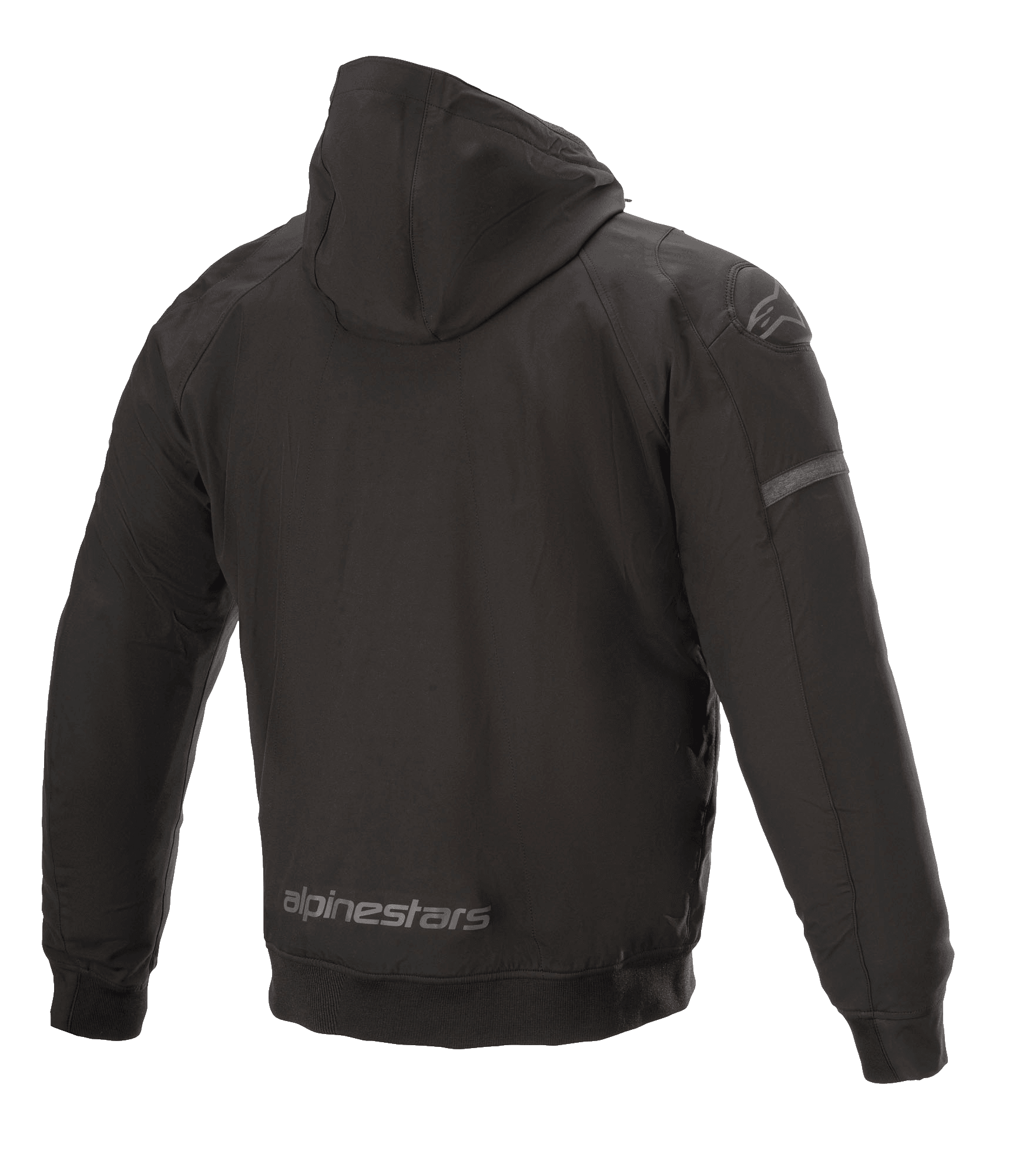 Alpinestars Sektor Tech V2 Hoodie, Black Motorcycle Jacket, back view showing wind-resistant textile shell, reflective Alpinestars branding on the lower hem, three-dimensional shoulder inserts, and technical urban design.