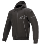 Alpinestars Sektor Tech V2 Hoodie, Black with Gray Accents, Hooded Motorcycle Jacket, Full Front Zipper, Two Zippered Pockets, Gray Alpinestars Logo on Chest and Shoulder, Urban Contemporary Design with Reflective Detailing