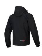 Alpinestars MM93 Radium Tech Hoodie, men's urban motorcycle jacket, rear view, Black and Bright Red, CE certified windproof 3L tech shell with removable hood