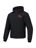 Alpinestars MM93 Radium Tech Hoodie, men's urban motorcycle jacket in black with bright red accents, featuring a windproof 3L tech shell and Nucleon Flex Plus CE level 1 armor