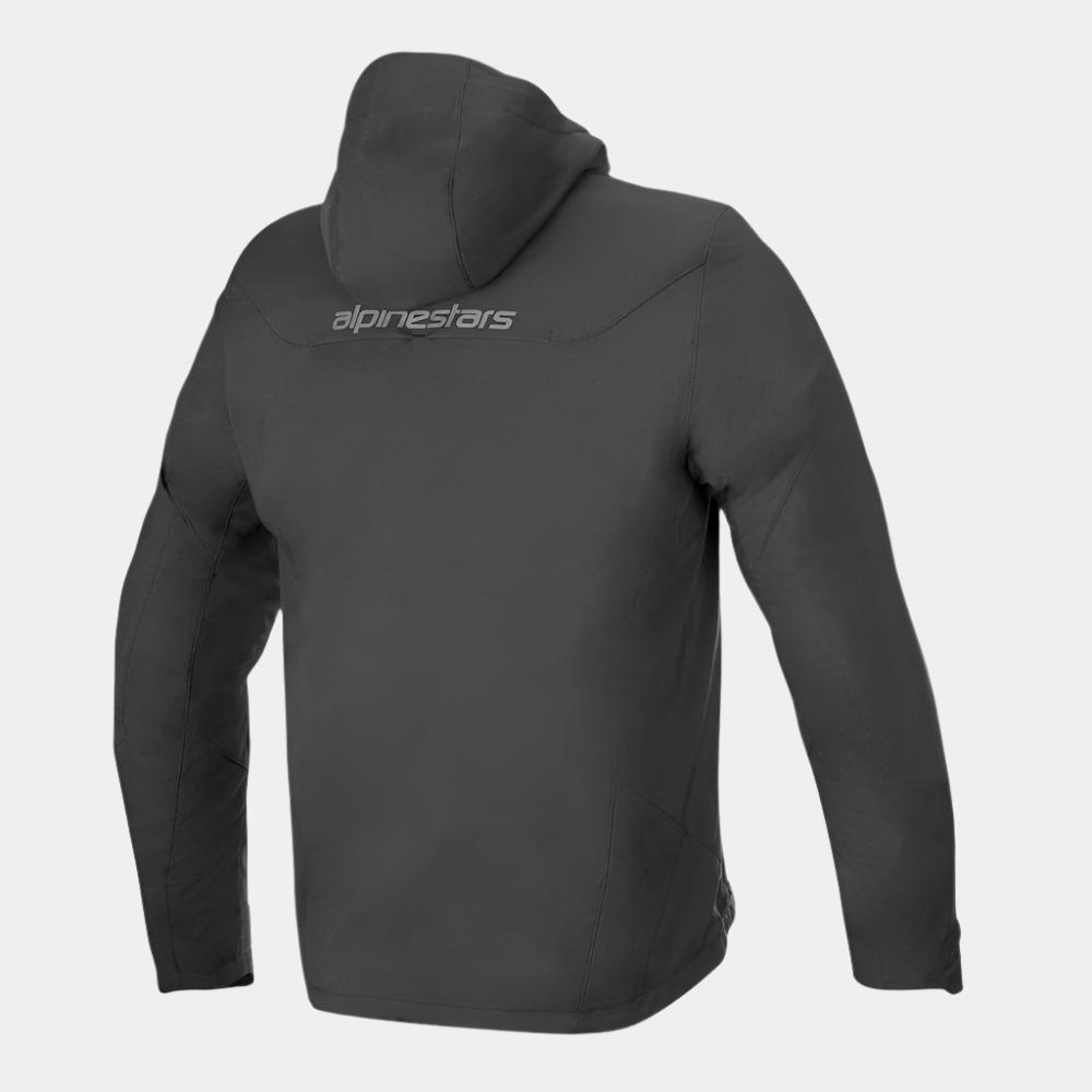 Alpinestars Domino Tech Jacket, Black, Rear view showing fixed hood and grey logo on the upper back, technical softshell motorcycle hoodie for urban riding