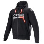 Alpinestars Chrome Ignition Hoodie, Black and Red Fluo, protective zip-up motorcycle hoodie with white chest branding, red drawstrings, and ribbed cuffs, urban riding gear