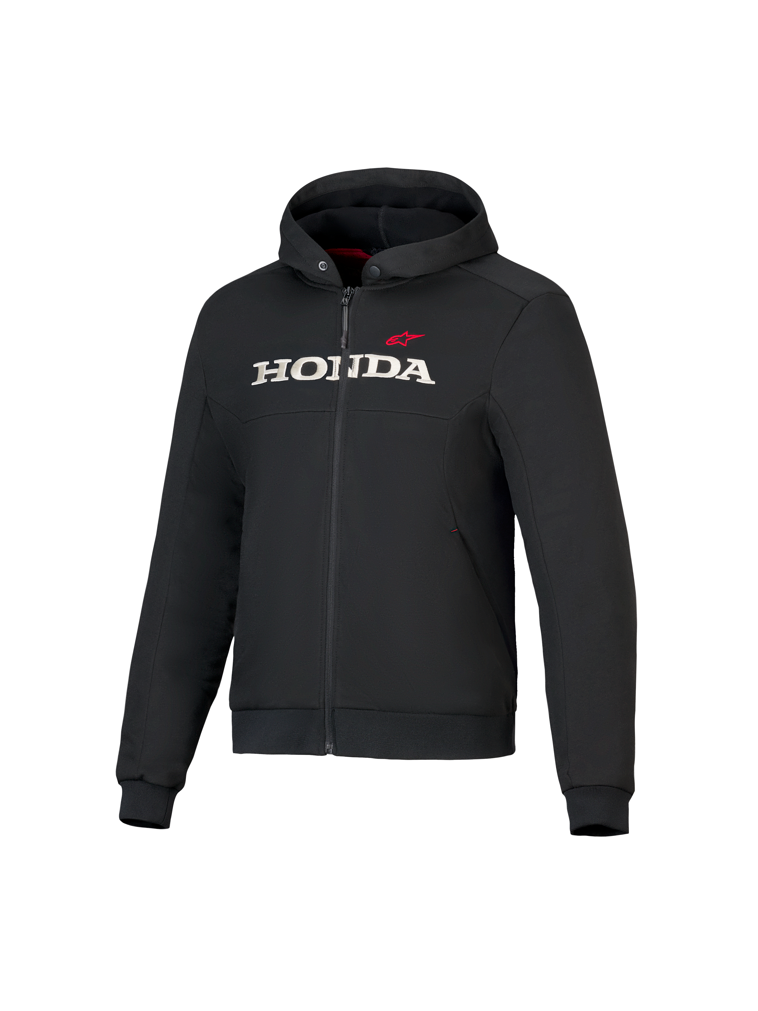 Honda Chrome V3 Sport Hoodie, Black Hooded Jacket with Front Zipper, White HONDA Logo and Red Alpinestars Star on Chest, Long Sleeves with Ribbed Cuffs, Red Hood Lining, Urban Motorcycle Riding Apparel
