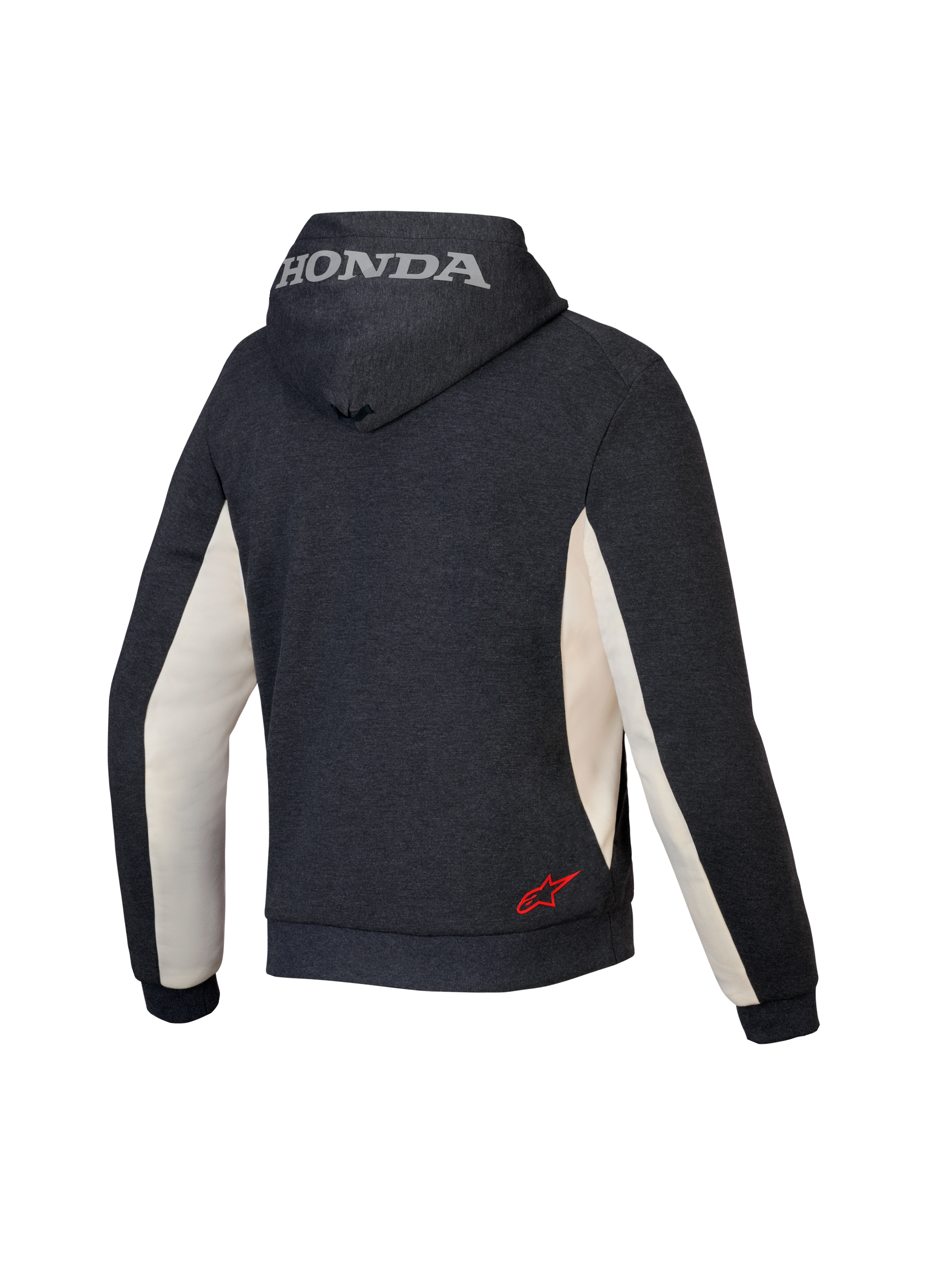 Alpinestars Honda Chrome V3 Sport Hoodie, urban motorcycle hoodie, Anthracite Melange and Off White, rear view showing silver Honda logo on the hood and red Alpinestars star logo on the lower back, tech fleece construction