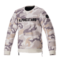 Alpinestars Legit Crew Fleece, motorcycle pullover, Light Gray Camo, bold black ALPINESTARS chest logo, black circular patch on sleeve, ribbed cuffs and hem, casual urban riding apparel