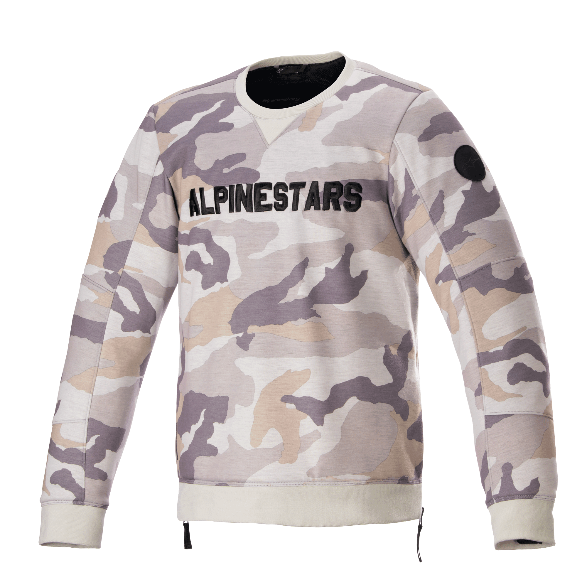 Alpinestars Legit Crew Fleece, motorcycle pullover, Light Gray Camo, bold black ALPINESTARS chest logo, black circular patch on sleeve, ribbed cuffs and hem, casual urban riding apparel