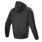 Alpinestars FQ20 Chrome Ignition Monster Hoodie, black motorcycle riding hoodie, back view, white Alpinestars logo on the shoulder, Monster Energy branding on the sleeve, casual urban design with protective textile construction
