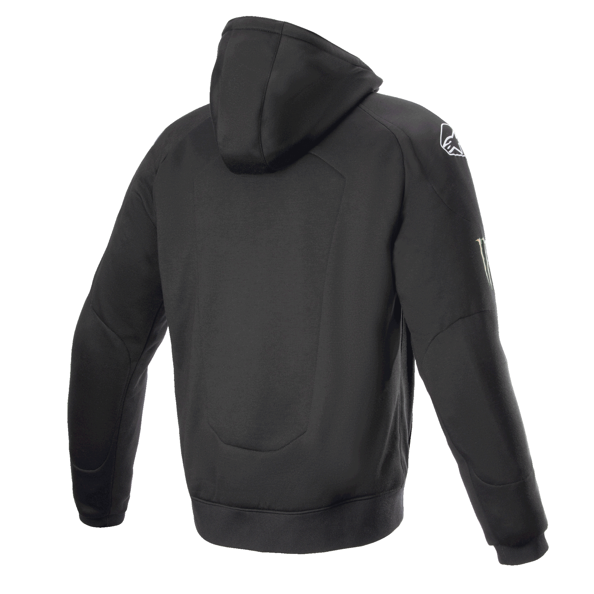 Alpinestars FQ20 Chrome Ignition Monster Hoodie, black motorcycle riding hoodie, back view, white Alpinestars logo on the shoulder, Monster Energy branding on the sleeve, casual urban design with protective textile construction