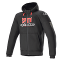 Alpinestars FQ20 Chrome Ignition Monster Hoodie, Black Zip-Up Motorcycle Hoodie, Red and White '20' Logo on Chest, Alpinestars Wordmark, Red Drawstrings, White Logo on Shoulder, Monster Energy Claw on Sleeve, Protective Urban Riding Gear