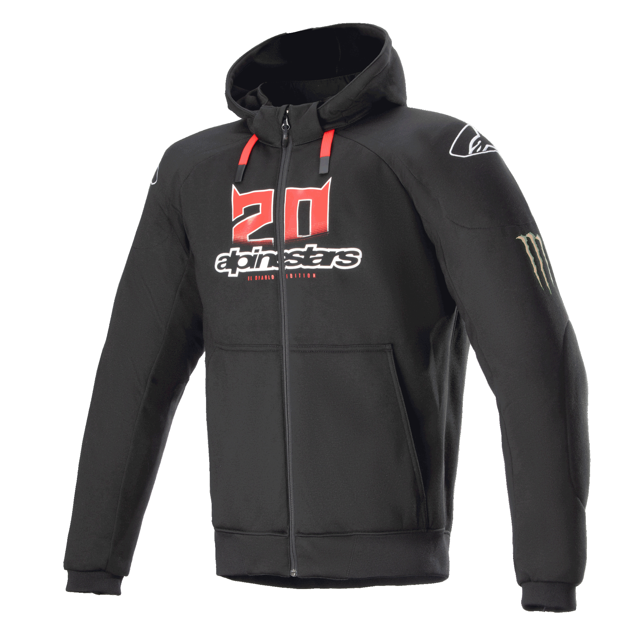Alpinestars FQ20 Chrome Ignition Monster Hoodie, Black Zip-Up Motorcycle Hoodie, Red and White '20' Logo on Chest, Alpinestars Wordmark, Red Drawstrings, White Logo on Shoulder, Monster Energy Claw on Sleeve, Protective Urban Riding Gear