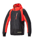 Alpinestars MO.ST.EQ Hybrid Hooded Jacket, Black and Flame Red, technical motorcycle hoodie with angled front zipper, red chest pocket, embossed pattern on torso, and thumb loops, blending urban streetwear with protective riding gear