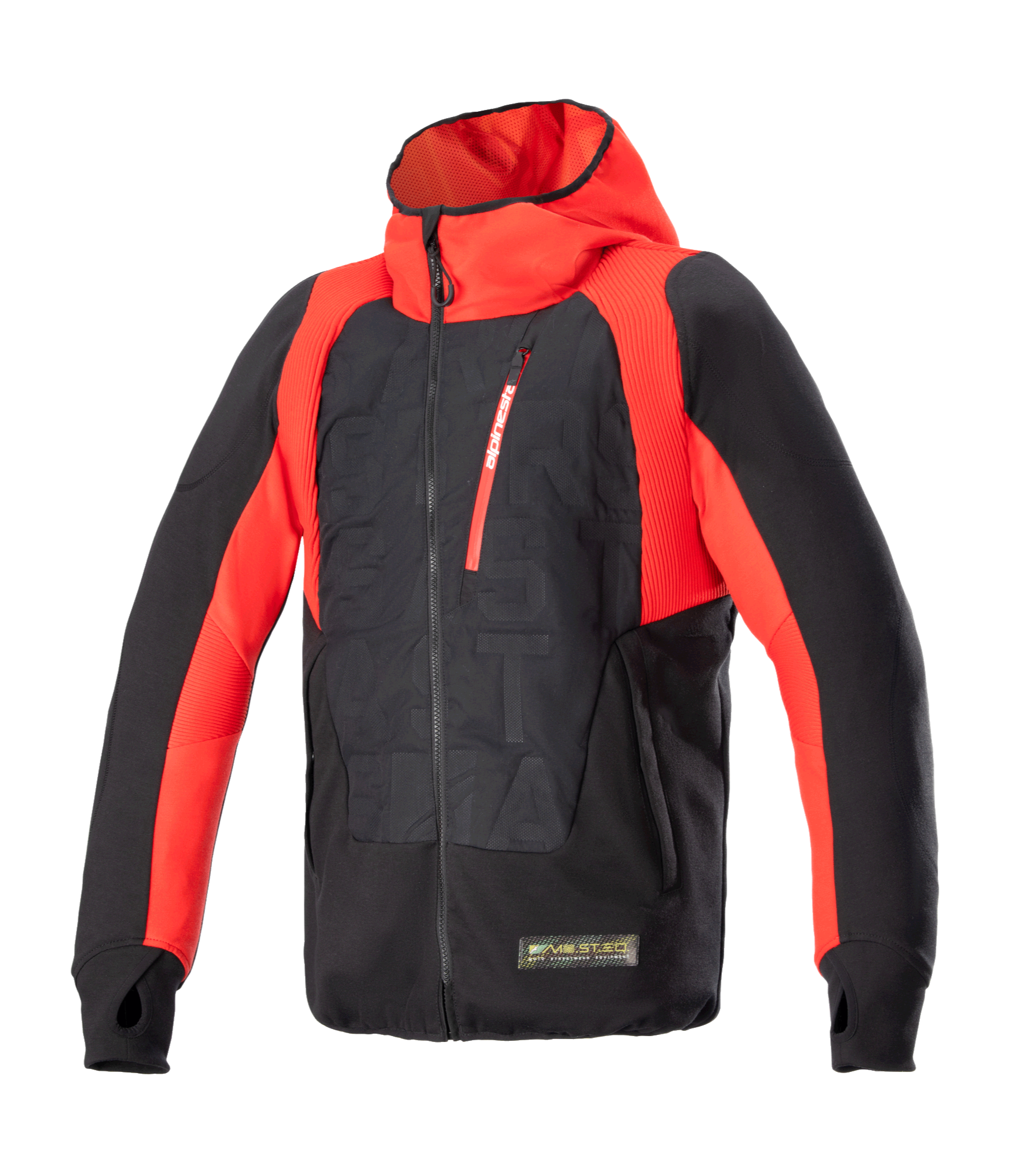 Alpinestars MO.ST.EQ Hybrid Hooded Jacket, Black and Flame Red, technical motorcycle hoodie with angled front zipper, red chest pocket, embossed pattern on torso, and thumb loops, blending urban streetwear with protective riding gear