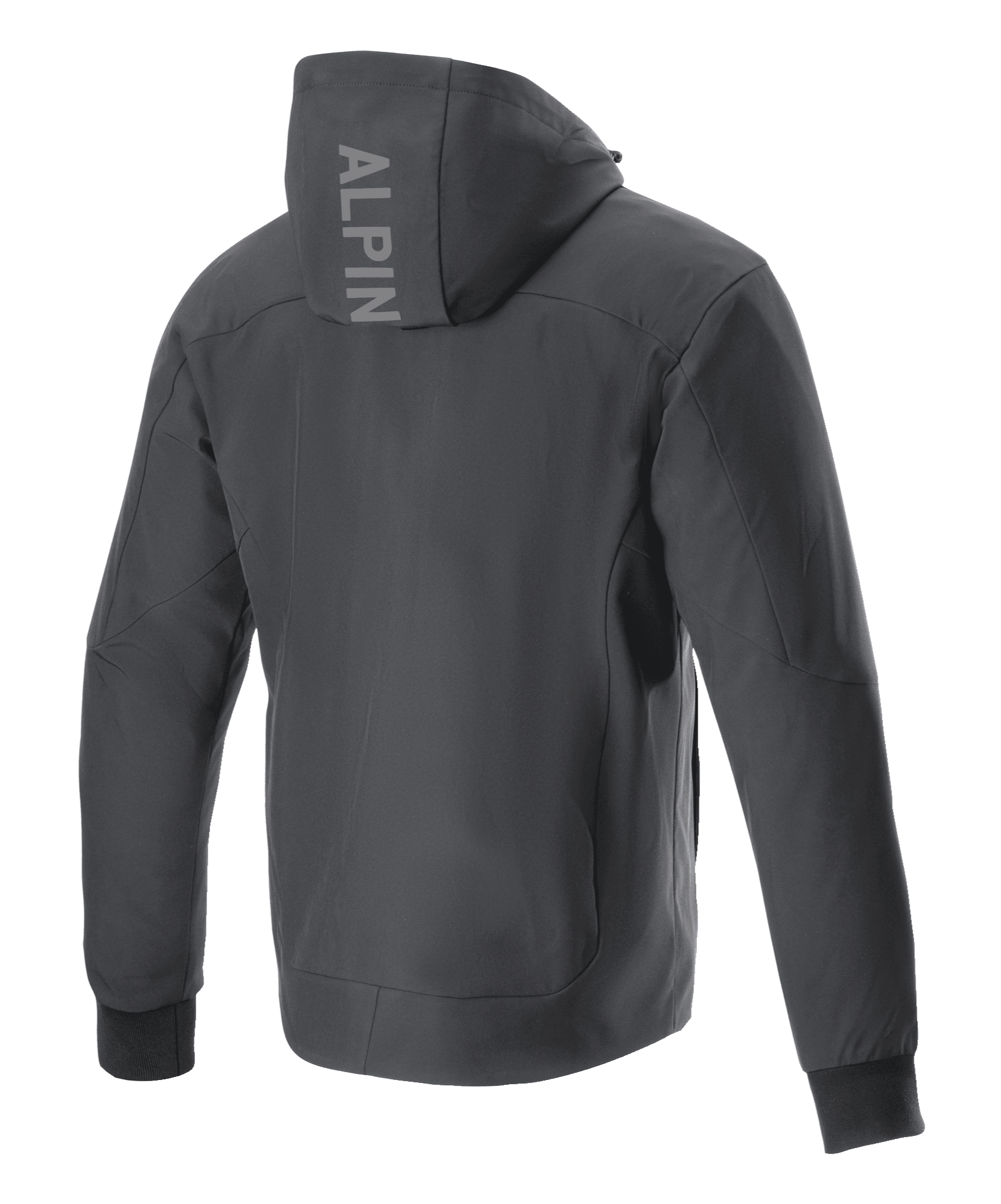 Alpinestars Radium Tech Hoodie, Motorcycle Jacket, Black, back view showing vertical ALPIN logo on the hood, windproof 3L tech shell construction, ribbed stretch cuffs, urban contemporary style