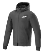 Alpinestars Radium Tech Hoodie, Black and White Urban Motorcycle Jacket, featuring a white star logo on the chest and vertical branding, full-zip hooded design with ribbed cuffs, modern athletic fit