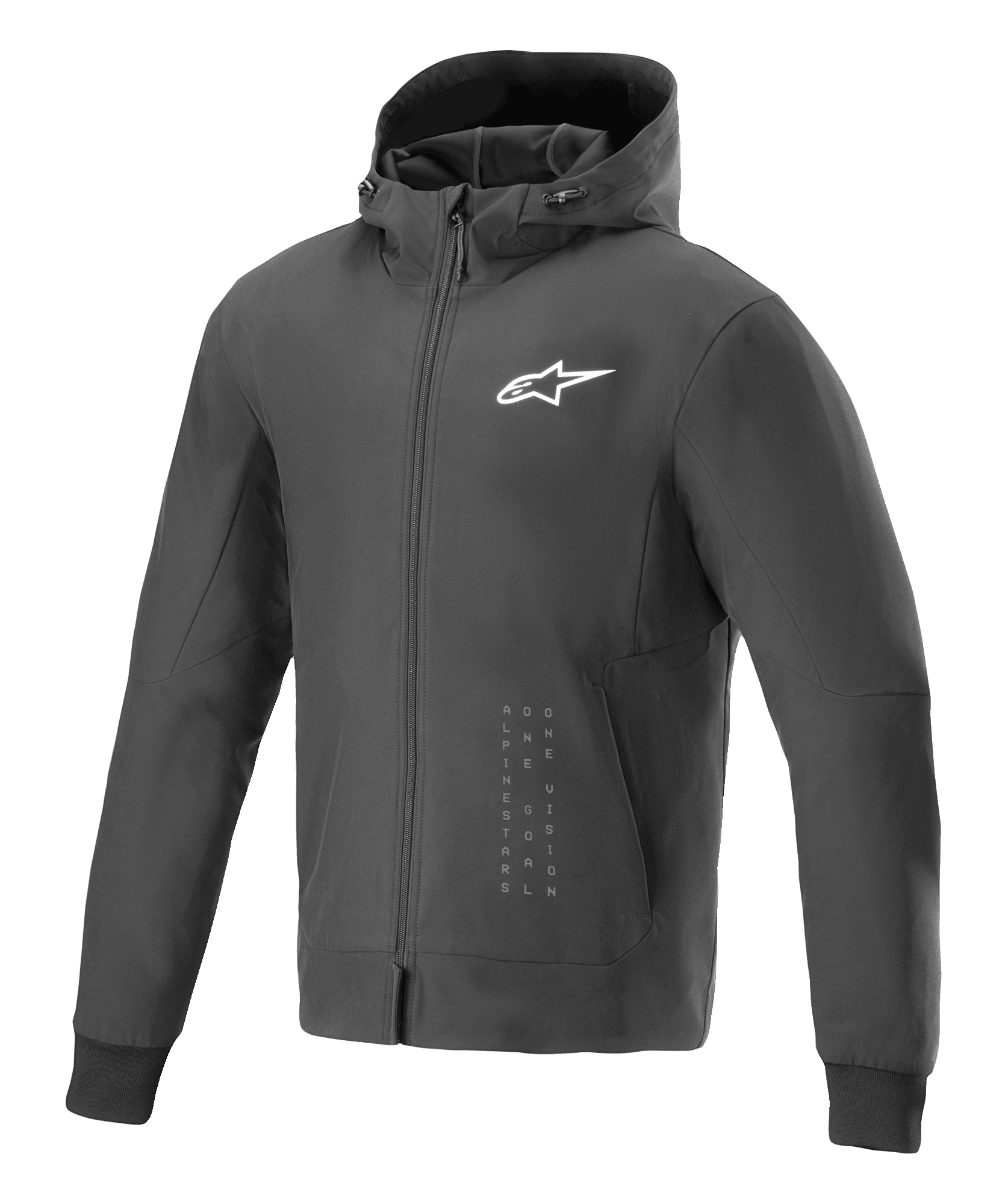 Alpinestars Radium Tech Hoodie, Black and White Urban Motorcycle Jacket, featuring a white star logo on the chest and vertical branding, full-zip hooded design with ribbed cuffs, modern athletic fit