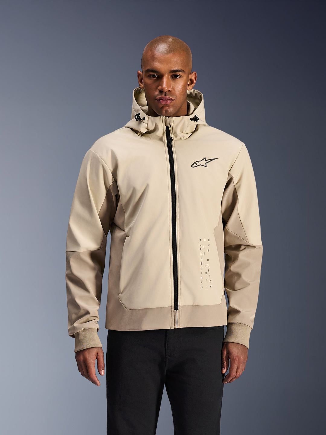 Alpinestars Radium Tech Hoodie, Beige hooded jacket with black zipper and chest logo, unisex motorsport-inspired streetwear, smooth technical fabric