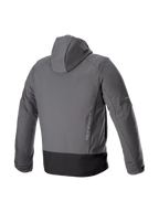Alpinestars Neo Waterproof Hoodie, urban motorcycle riding jacket in Gray and Black, rear view showing textile softshell and vertical branding.