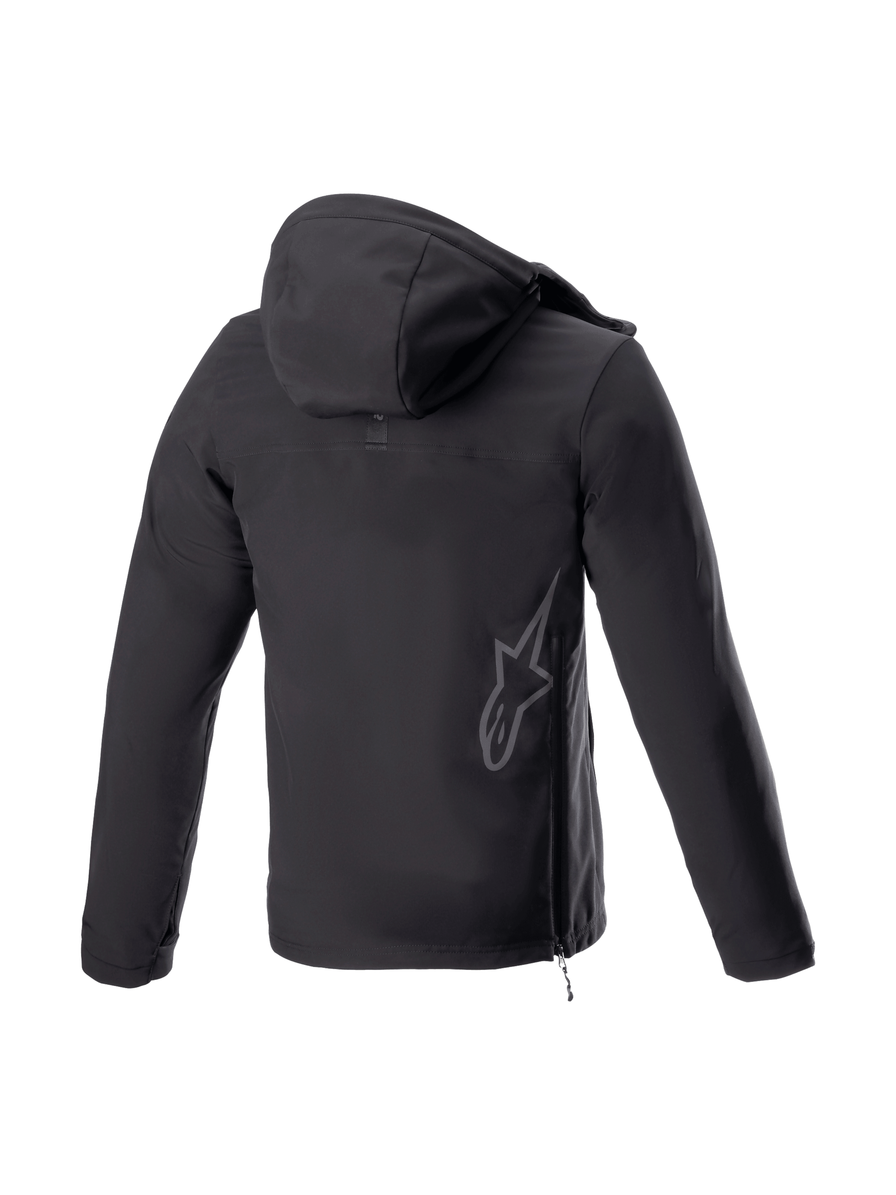 Alpinestars Sherpa Hoodie, black softshell urban motorcycle jacket, back view with reflective logo and side zip.