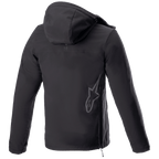 Alpinestars Sherpa Hoodie, Urban Motorcycle Hoodie Jacket, Black Reflex, rear view featuring a large reflective Alpinestars star logo on the lower back, side zipper closure, and hood, windproof softshell design.