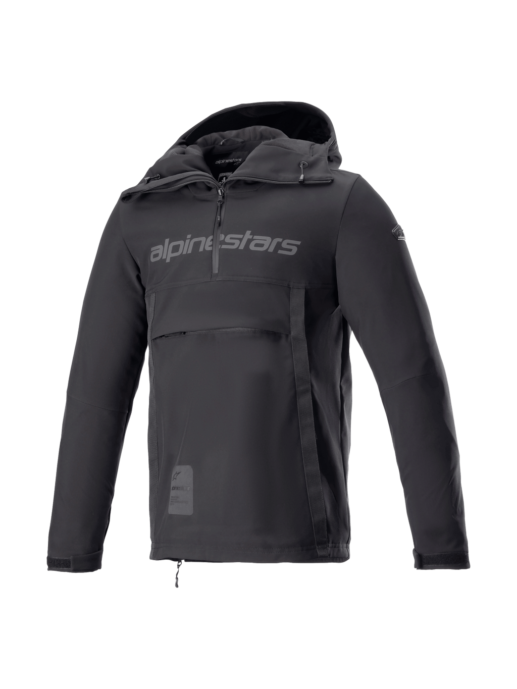 Alpinestars Sherpa Hoodie, black softshell motorcycle anorak for men, windproof urban riding jacket, Tech-Air Ready.