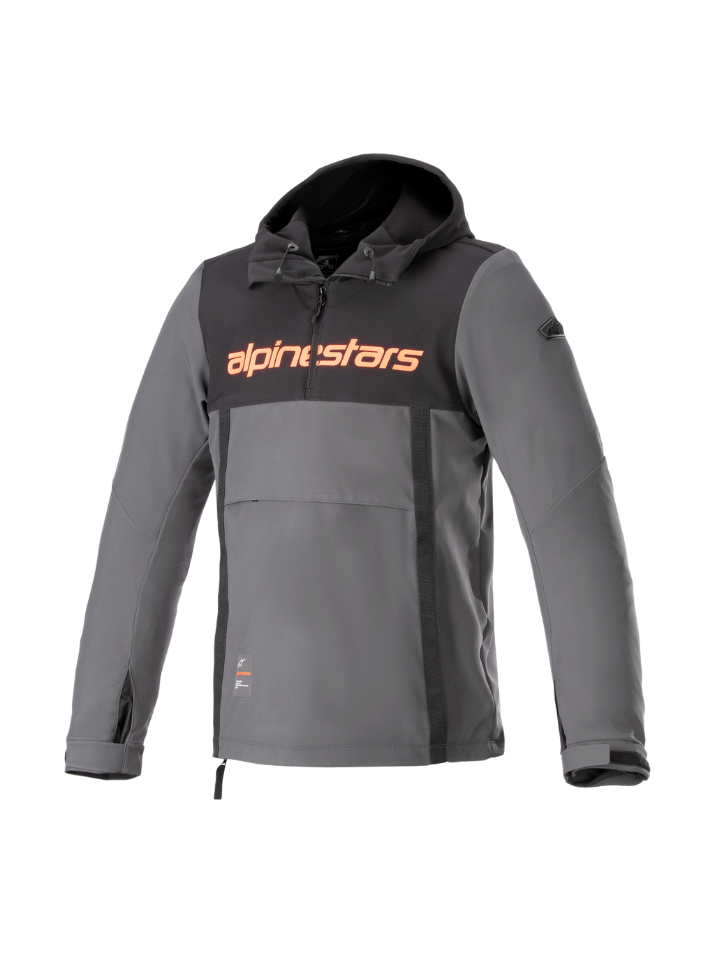 Alpinestars Sherpa Hoodie, gray and black urban motorcycle anorak, windproof softshell with red logo.