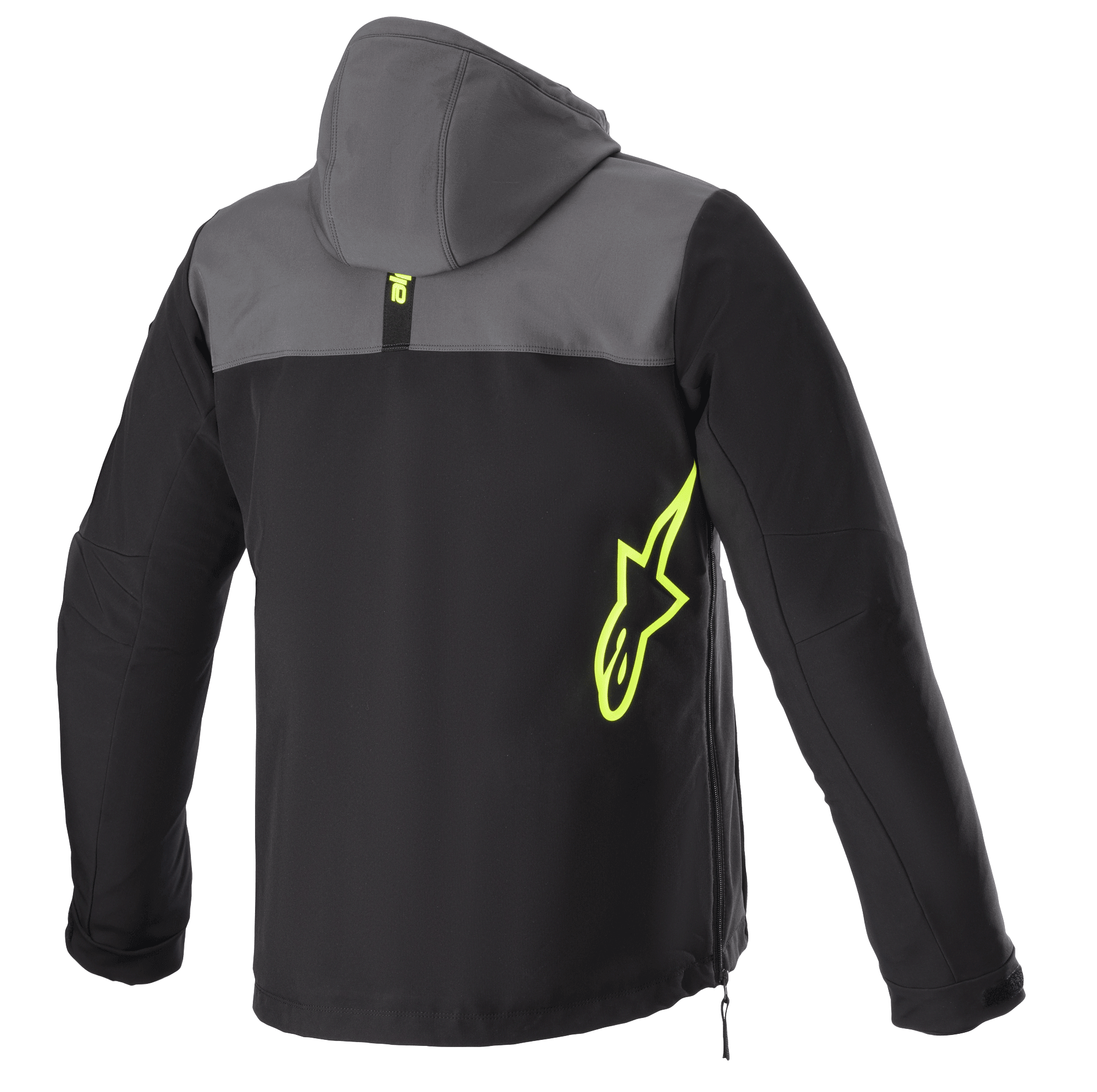 Alpinestars Sherpa Hoodie, back view, Tar Gray and Black with Yellow Fluo accents, neon yellow star logo on the side, softshell motorcycle jacket with hood, side zipper detail, urban commuting apparel