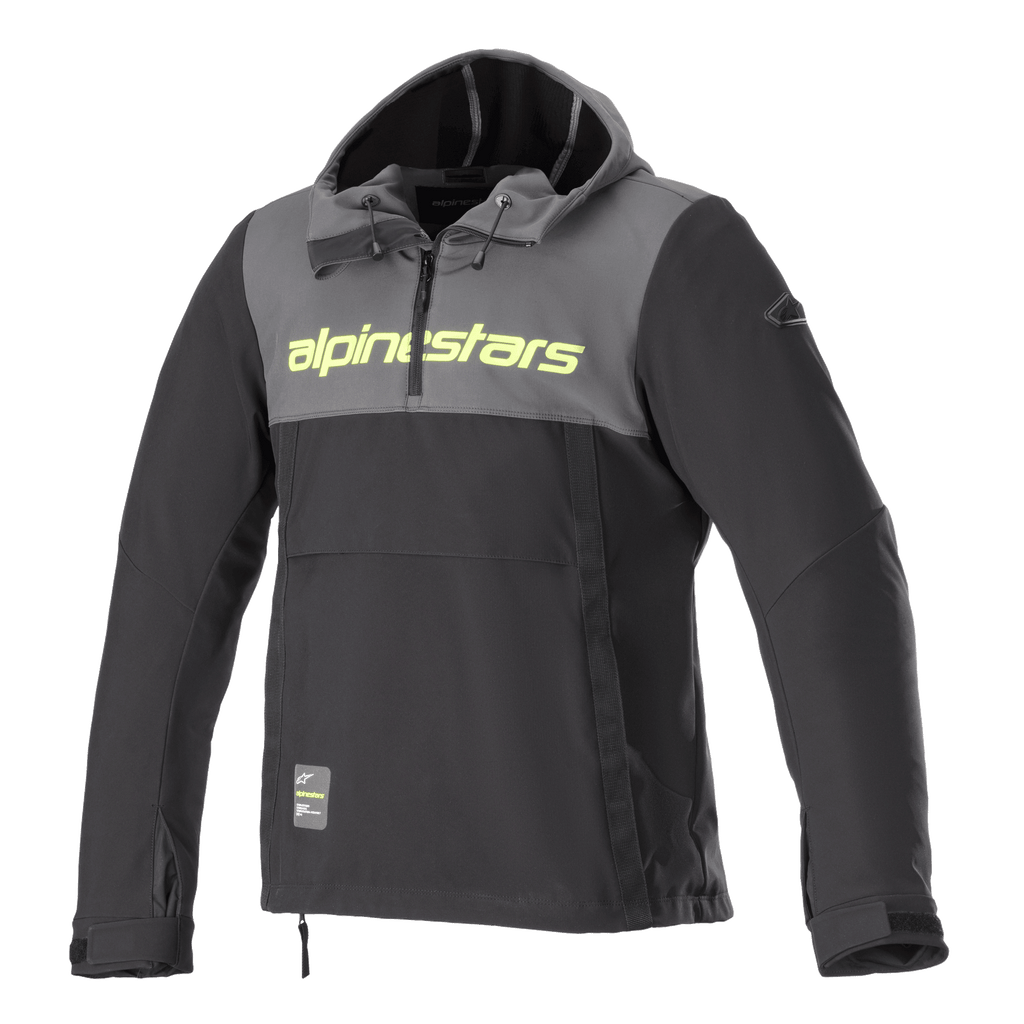 Alpinestars Sherpa Hoodie, Technical Motorcycle Hoodie, Tar Gray and Black, Yellow Fluo branding on chest, hooded anorak style with quarter-zip, softshell urban riding jacket