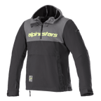 Alpinestars Sherpa Hoodie, Technical Motorcycle Hoodie, Tar Gray and Black, Yellow Fluo branding on chest, hooded anorak style with quarter-zip, softshell urban riding jacket