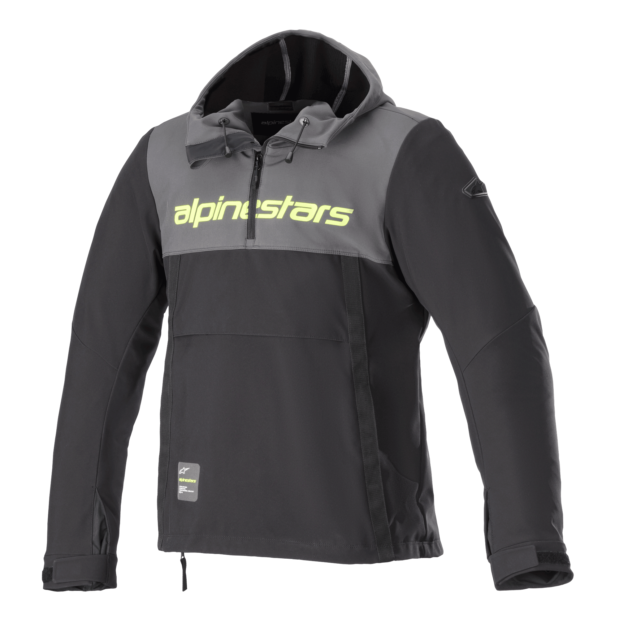 Alpinestars Sherpa Hoodie, Technical Motorcycle Hoodie, Tar Gray and Black, Yellow Fluo branding on chest, hooded anorak style with quarter-zip, softshell urban riding jacket