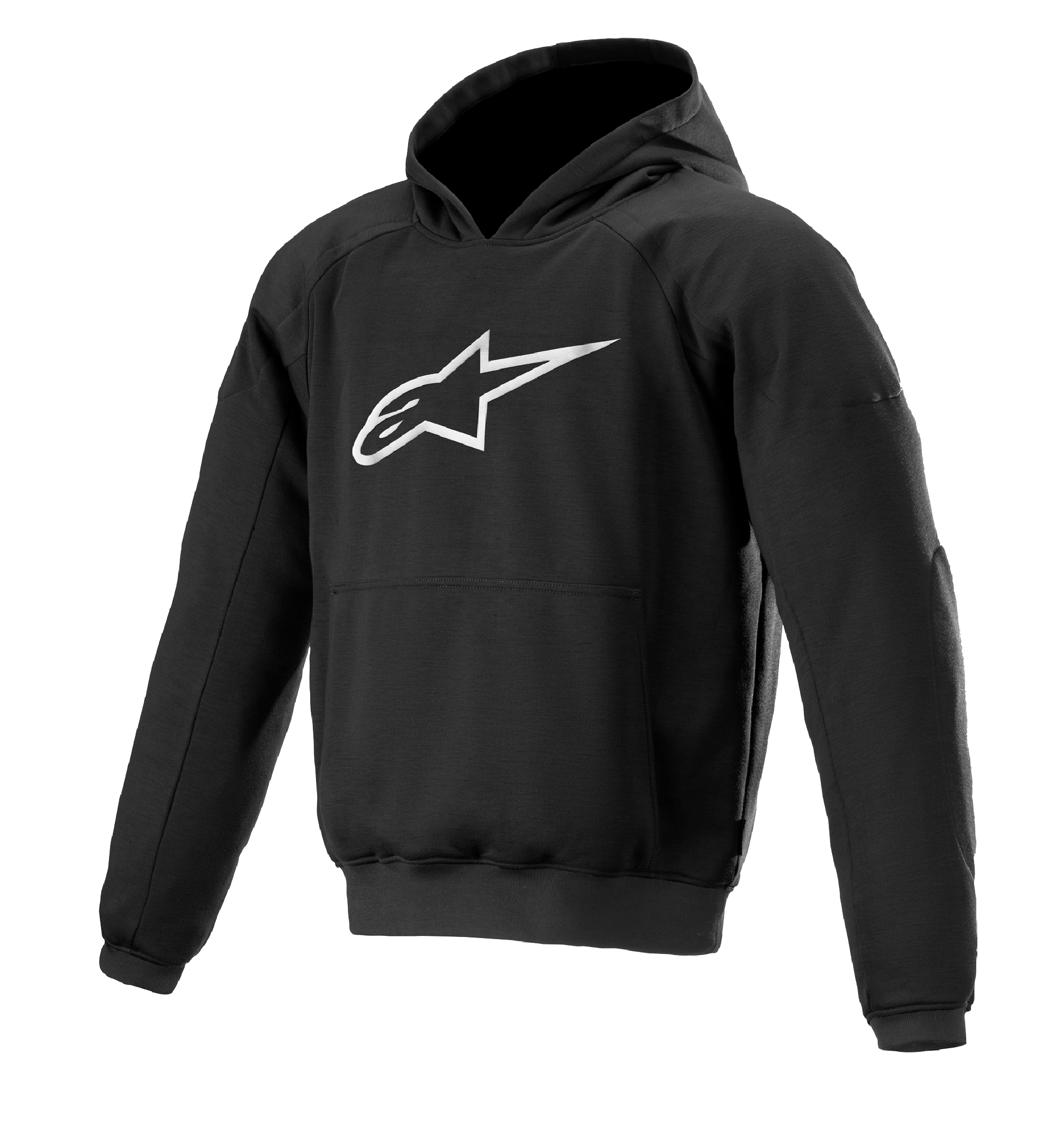 Alpinestars Ageless Hoodie, urban riding motorcycle hoodie, Black with white star logo, pullover style with kangaroo pocket, ribbed cuffs and hem, casual motorsport-inspired design