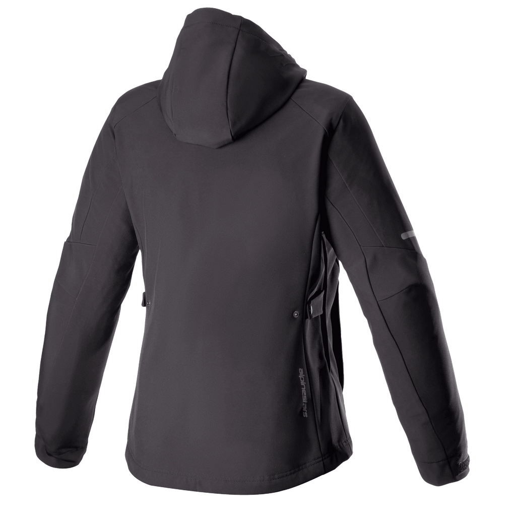 Alpinestars Women Stella Neo Waterproof Hoodie, Rear View, Black Black, featuring a technical softshell construction with a detachable hood, subtle vertical branding on the lower back, and a streamlined women-specific fit for urban riding.