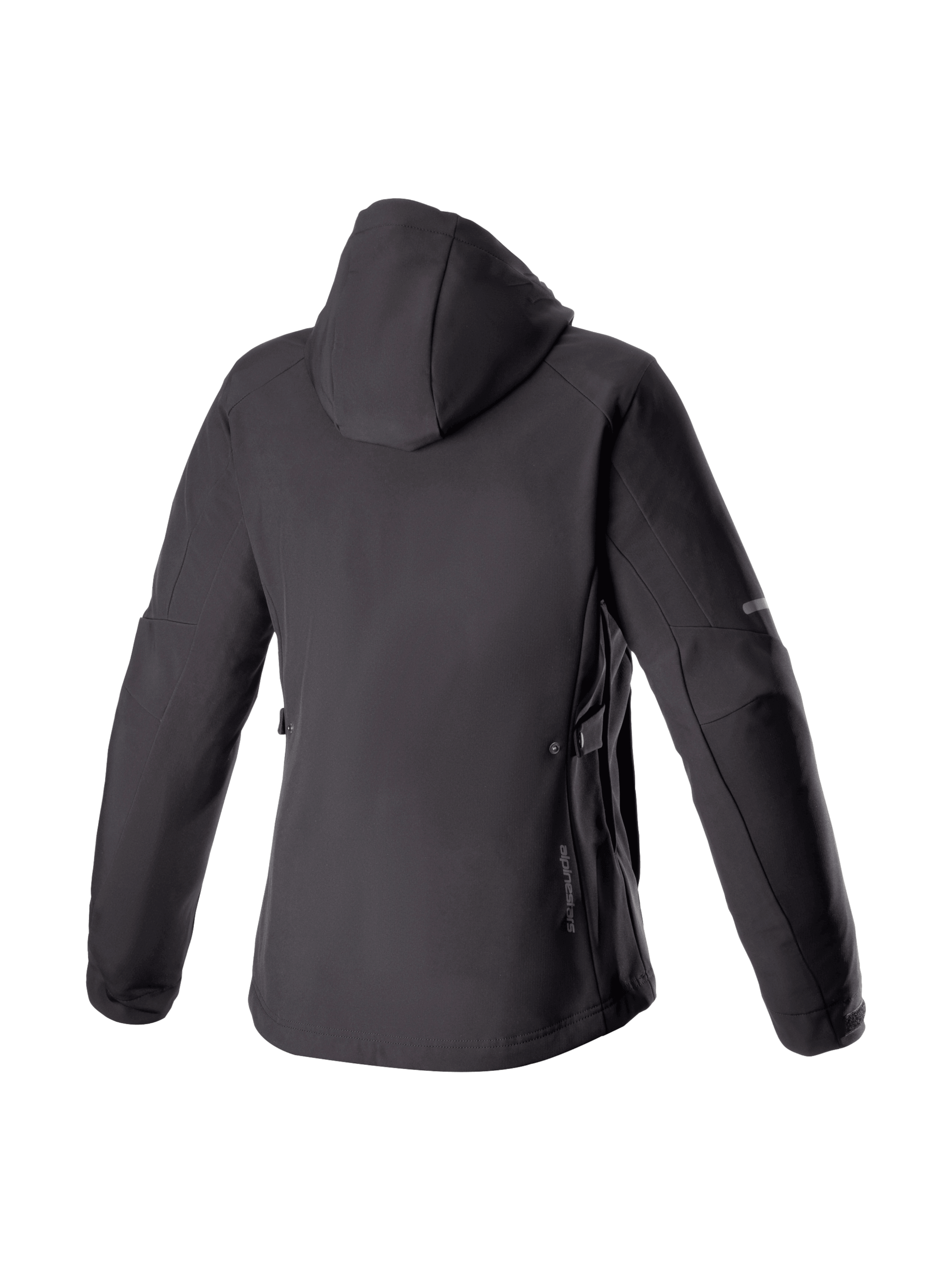 Alpinestars Stella Neo Waterproof Hoodie, black women's urban motorcycle jacket in stretch softshell, back view with hood.
