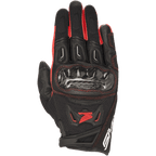 Alpinestars Honda SMX-2 Air Carbon V2 Gloves, Motorcycle Sport Gloves, Black and Red, featuring a carbon fiber knuckle guard, 3D mesh and leather shell, red Honda wing logo and stitching, short cuff design for performance street riding.