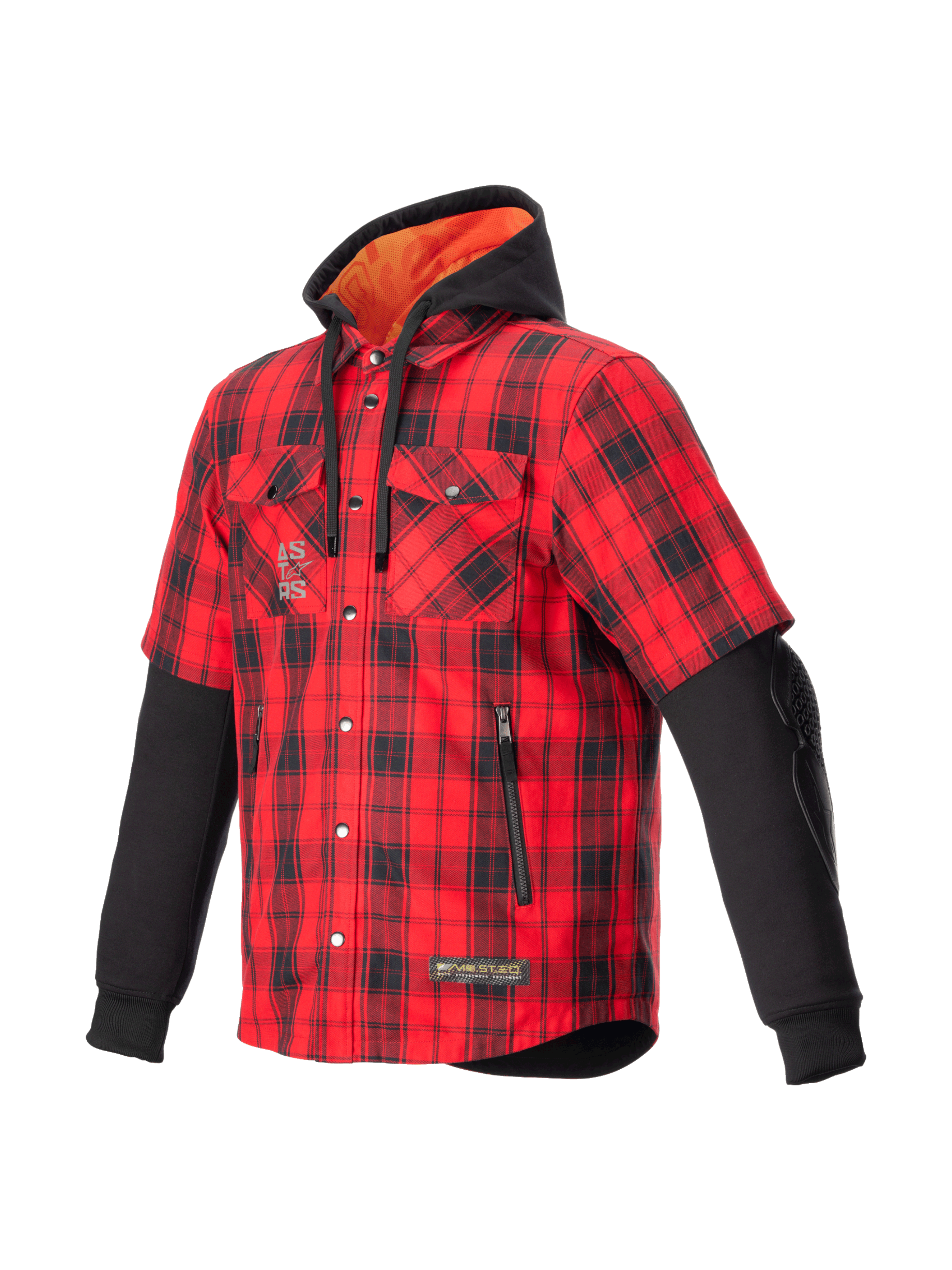 Alpinestars MO.ST.EQ Tartan Shirt, Men's Urban Motorcycle Jacket, Flame Red and Black, CE Certified Armor, Integrated Hoodie