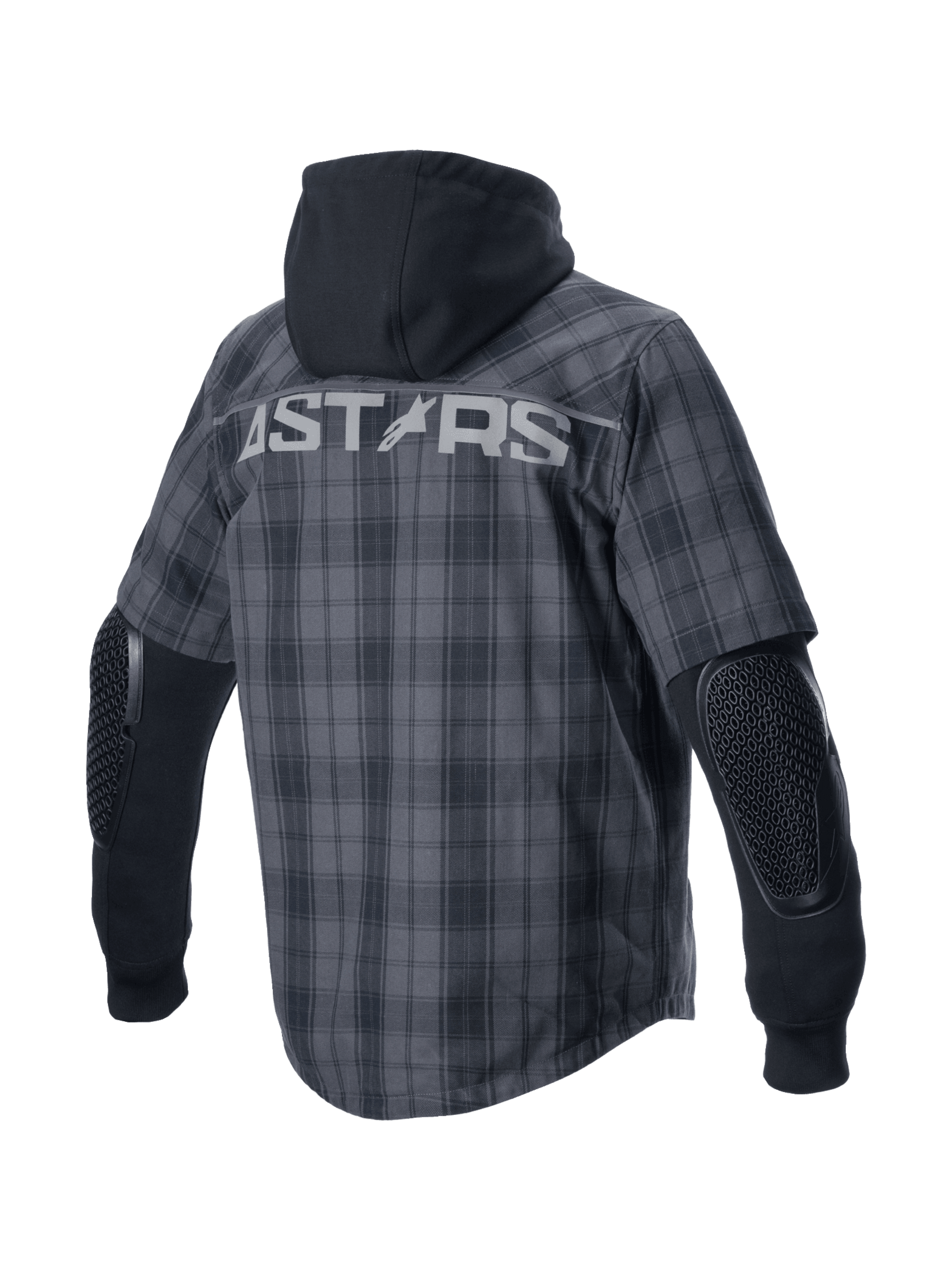 Alpinestars MO.ST.EQ Tartan Shirt in Gray and Black, urban motorcycle riding shirt with exposed armor and a fixed hoodie.