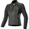 Alpinestars Stella Vika V2 Leather Jacket, Women's Motorcycle Jacket, Black, featuring a sleek figure-hugging fit with a high collar and front zipper, combination of smooth leather and matte aramid stretch side panels, zippered cuffs, and minimalist design for road riding.
