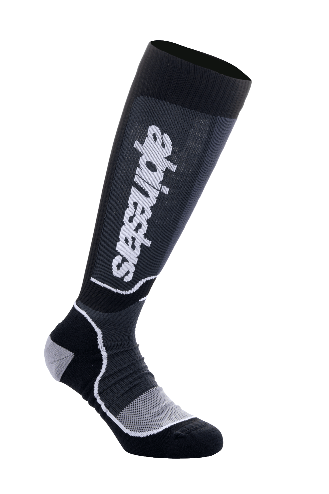 Alpinestars MX Plus Socks, Motocross Knee-High Socks, Black and Gray, White Logo, featuring ribbed calf support, reinforced heel and toe, and breathable mesh foot area, technical performance design for off-road boots