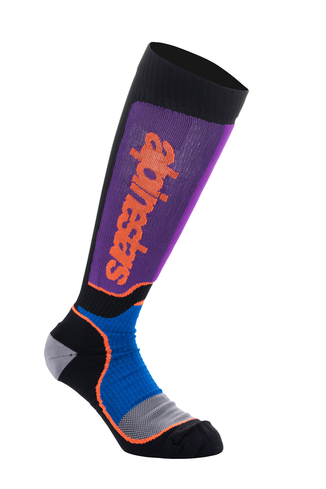 Alpinestars MX Plus Socks, Motocross Knee-High Socks, Black Royal Blue and Purple, featuring a purple ribbed leg with a vertical orange Alpinestars logo, royal blue mesh ankle panels with orange accents, and a gray-black reinforced foot, performance off-road riding gear