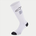 Alpinestars ZX V4 Socks, Auto Racing Socks, White with black heel and toe accents, featuring black Alpinestars logo and FIA compliance label, seamless technical base layer for motorsports
