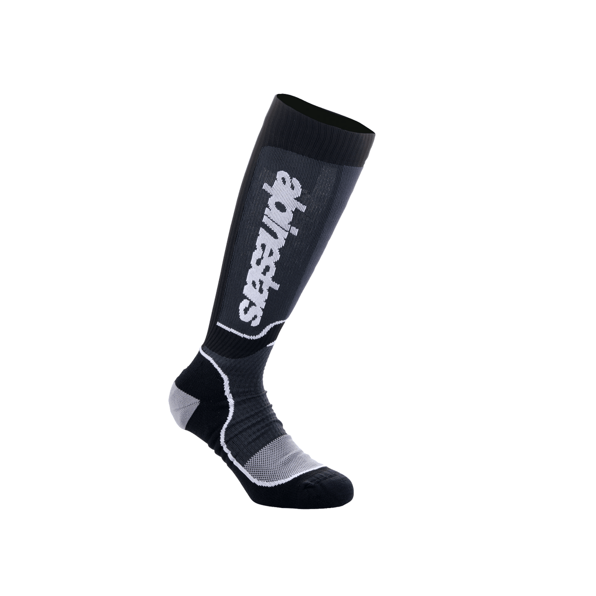Alpinestars Youth MX Plus Socks, Motocross Knee-High Socks, Black and Gray, featuring white Alpinestars branding, ribbed texture with reinforced heel and toe, breathable single-layer construction for off-road performance