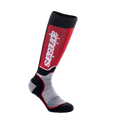 Alpinestars Youth MX Plus Socks, Motocross Riding Socks, Black Gray and Red, featuring vertical white logo on red shin panel, technical single-layer construction with breathable mesh zones, designed for off-road motorcycle boots